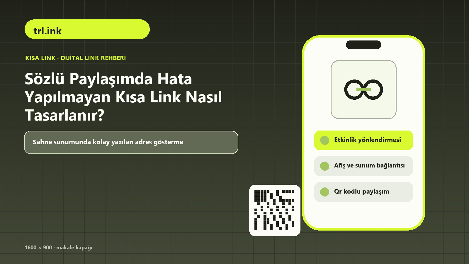 Sözlü Paylaşımda Hata Yapılmayan Kısa Link Nasıl Tasarlanır? için Türkçe kampanya URL'si, etkinlik yönlendirmesi, afiş ve sunum bağlantısı içeren kapak görseli